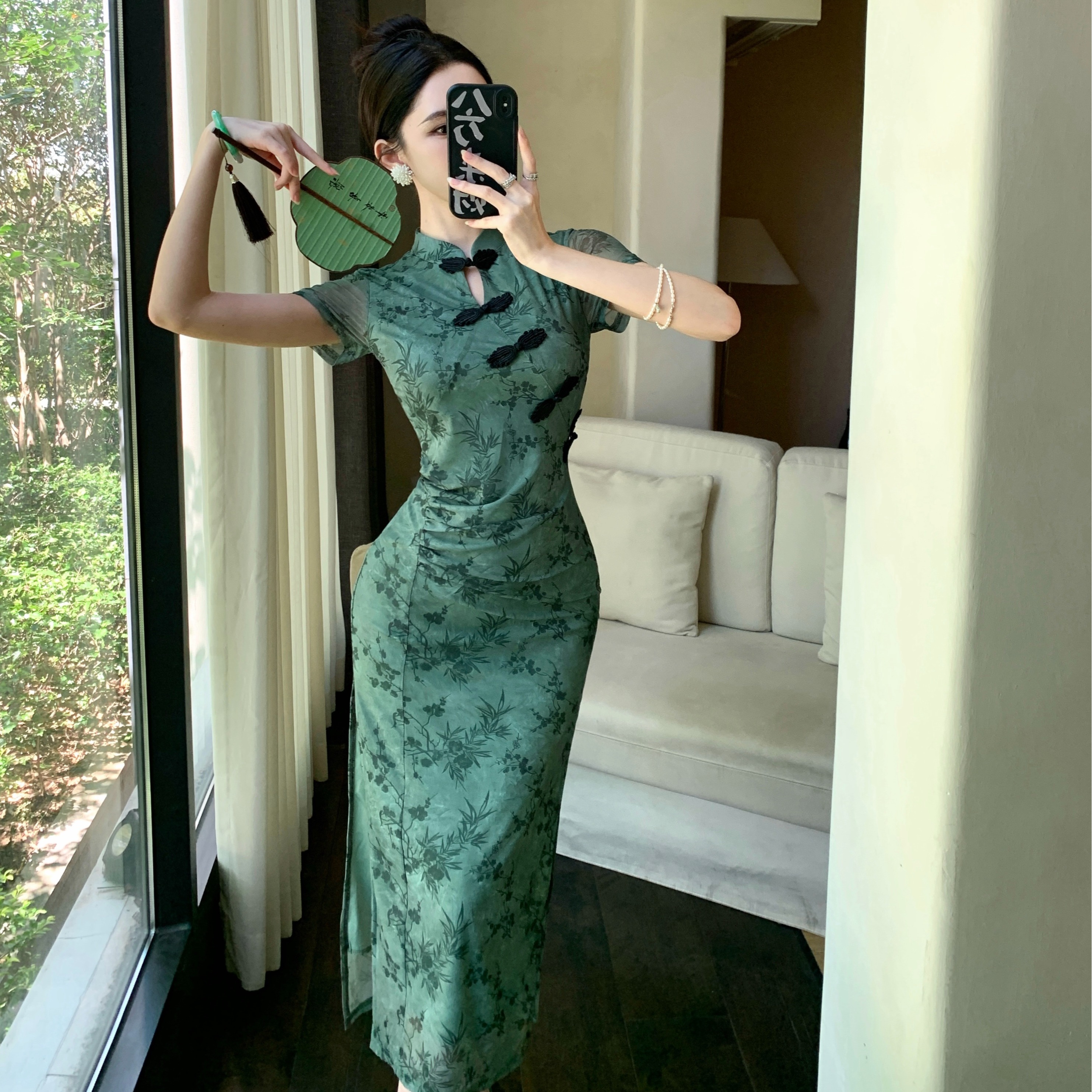 FA34627# 新中式绿色网纱印花性感开叉收腰褶皱修身长款旗袍连衣裙 服裝批發女裝批發服飾貨源