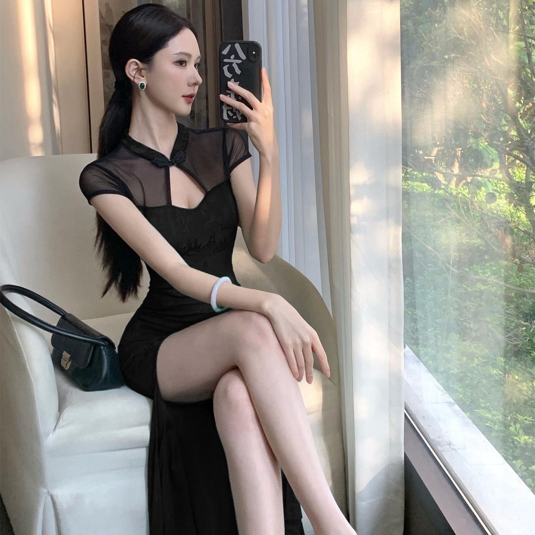 FA34624# 新中式改良旗袍裙黑色暗花拼接网纱性感短袖显瘦连衣裙 服裝批發女裝批發服飾貨源