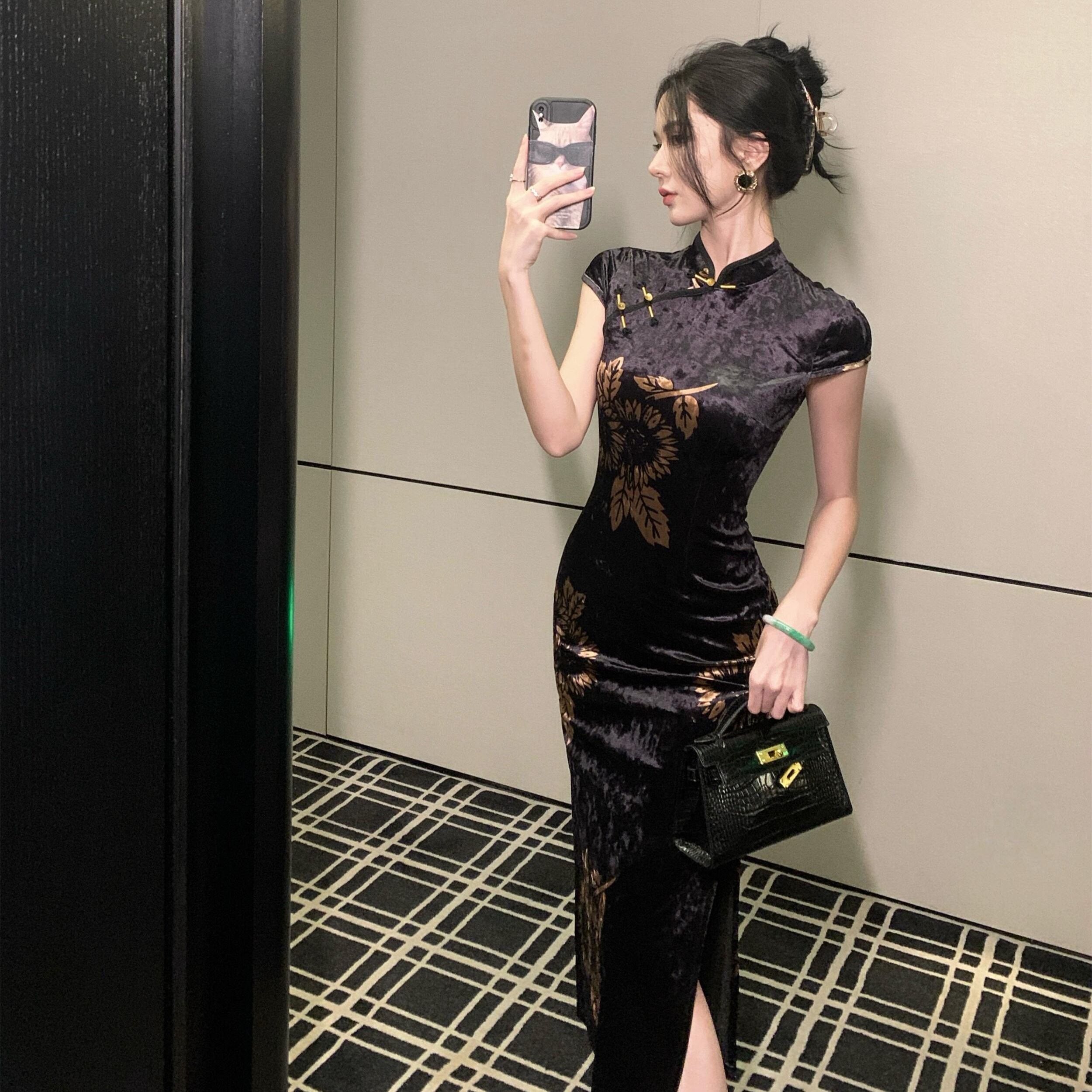 MY15766# 新中式旗袍短袖百搭丝绒印花性感显瘦修身收腰连衣裙子女裝貨源服裝批發