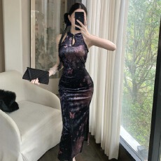 批发新中式<b class='q'>改良</b><b class='q'>旗袍</b>百搭性感无袖丝绒印花修身显瘦开叉连衣裙子