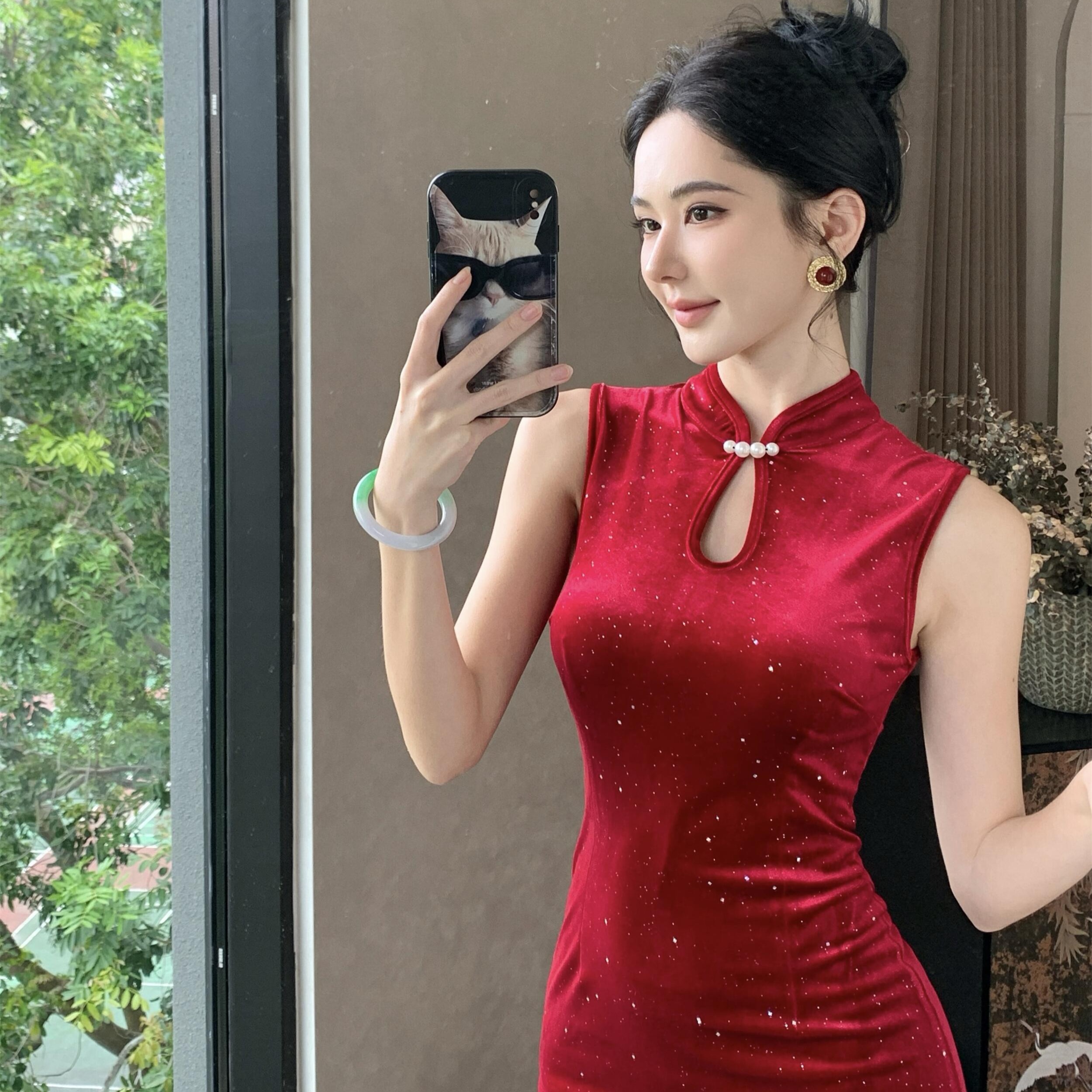 MY15764# 改良旗袍新中式国风丝绒烫钻性感无袖中长款开叉包臀连衣裙女...