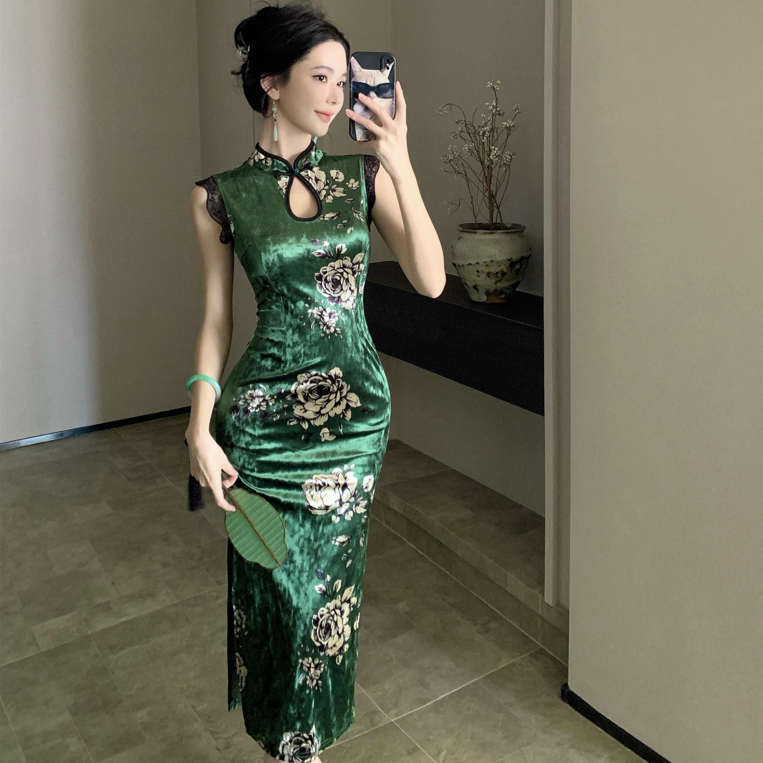 MY15763# 改良旗袍新中式绿色丝绒性感无袖花边中长款显瘦包臀连衣裙女裝貨源服裝批發