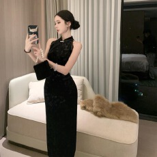 批发实拍新中式无袖旗袍金<b class='q'>丝绒</b>暗花显瘦开叉性感包臀裙<b class='q'>连衣裙</b>