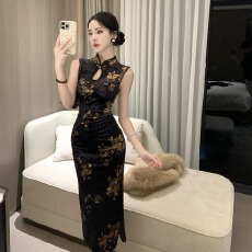 批发实拍新中式显瘦无袖旗袍金<b class='q'>丝绒</b>印花性感开叉包臀裙<b class='q'>连衣裙</b>