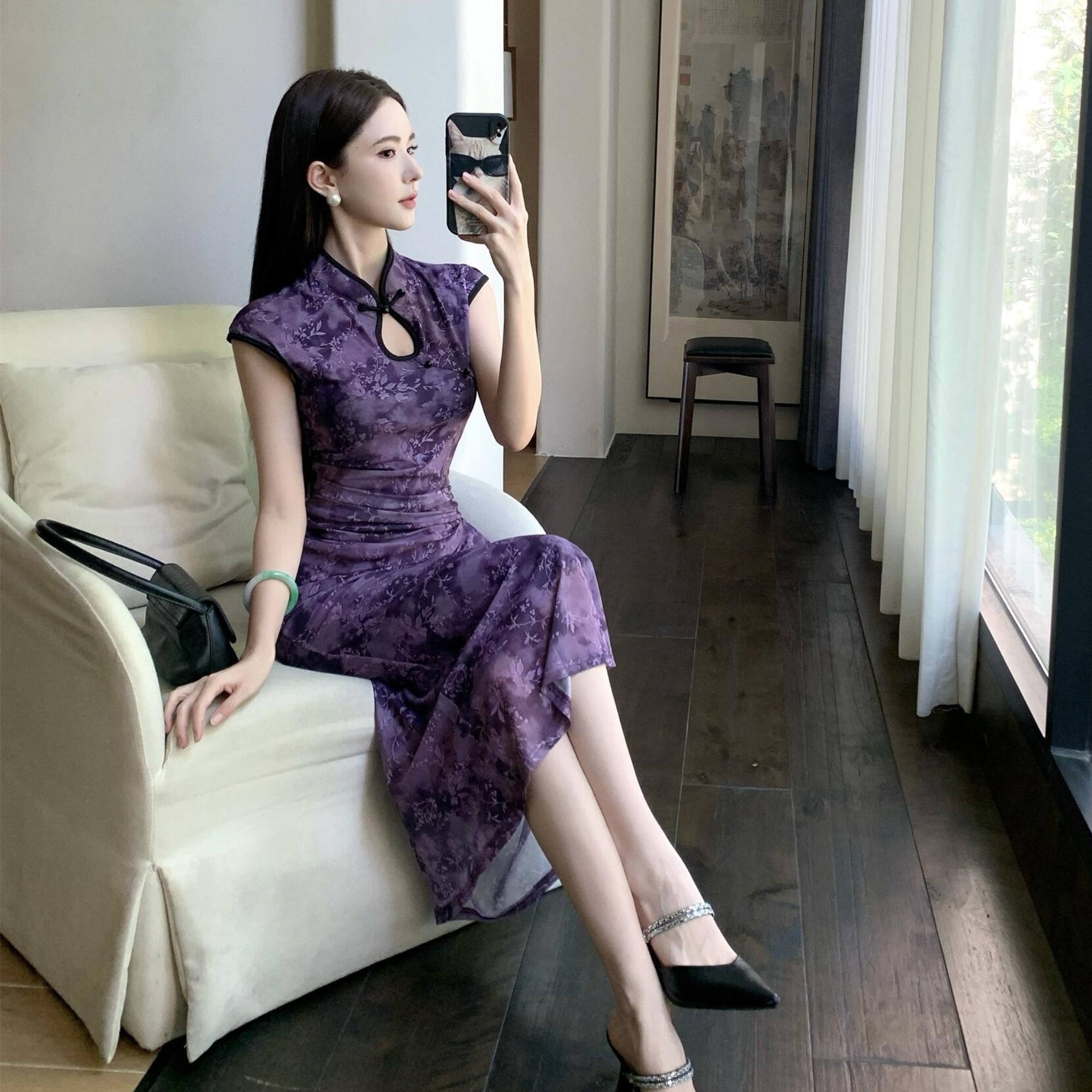 实拍新款网纱印花旗袍性感收腰显瘦收腰新中式鱼尾连衣裙