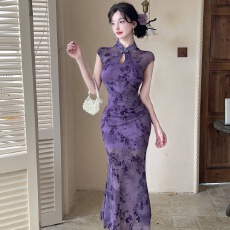 批发实拍显瘦百搭性感<b class='q'>长款</b>网纱拼接显瘦新款改良<b class='q'>旗袍</b>连衣裙子