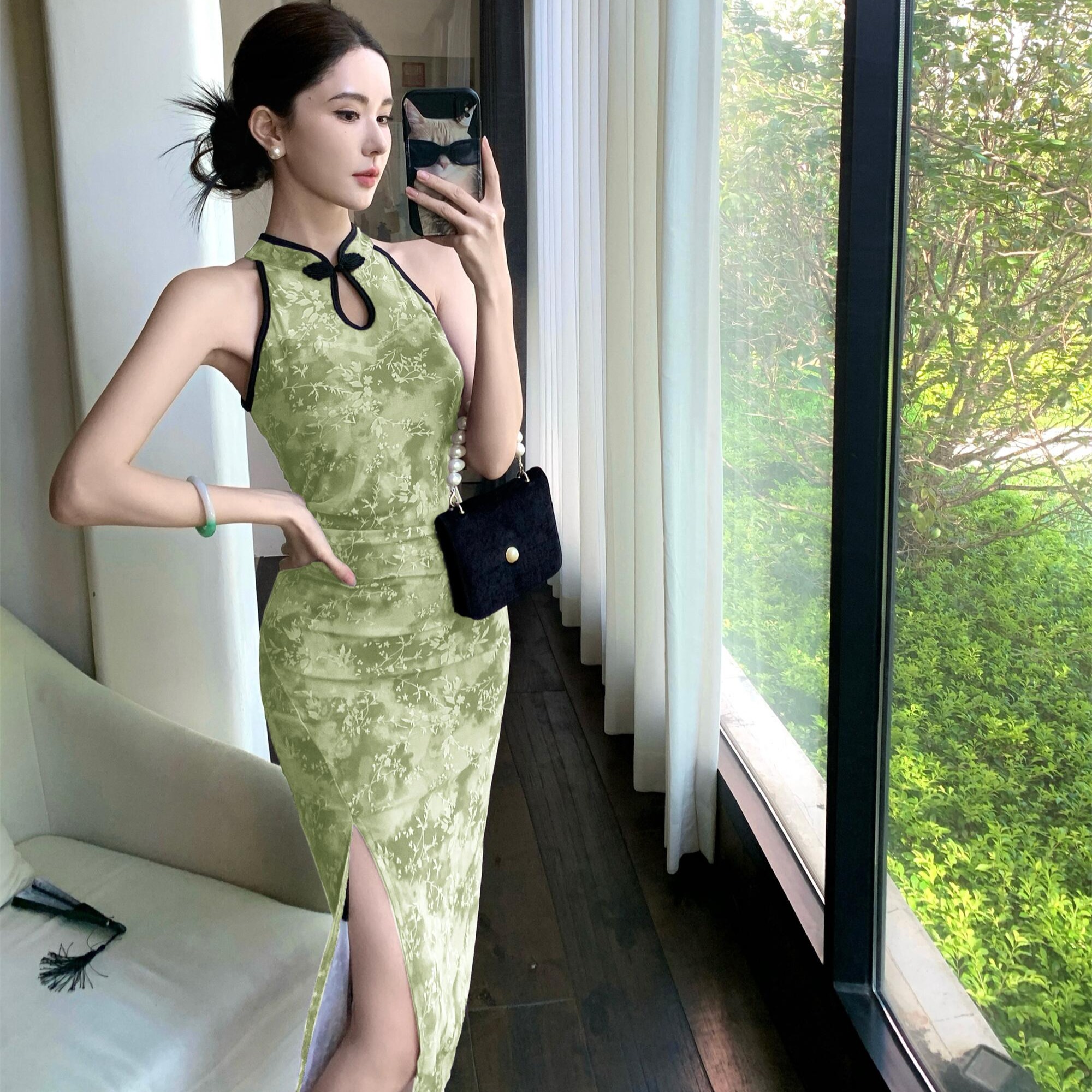 实拍新中式新款旗袍网纱印花收腰性感无袖裙包臀连衣裙子