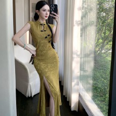 批发实拍新中式提花暗花<b class='q'>改良</b><b class='q'>旗袍</b>显瘦性感无袖开叉收腰连衣裙