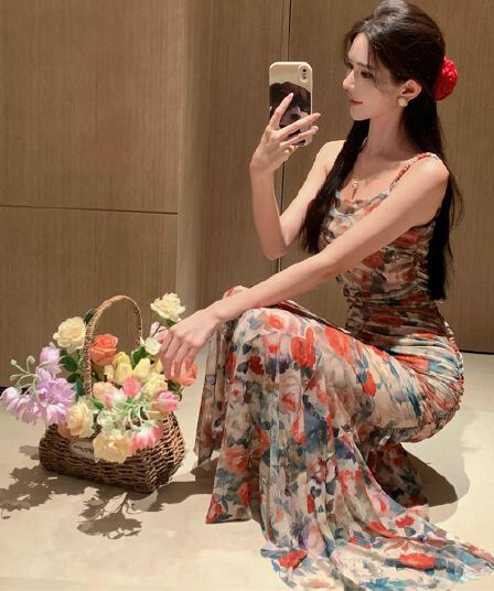 실사 여름 새로운 다용도 슬림해 보이는 망사 프린트 패치워크 인어 꼬리 롱 스커트 섹시함 슬립 점프 슈트 치마