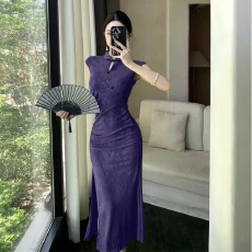 批发实拍新款新中式提花暗花改良旗袍显瘦收腰包臀大摆开叉连衣裙