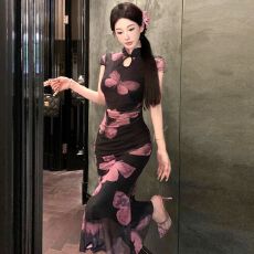 批发实拍国风中式长款无袖改良旗袍网纱印花<b class='q'>复古</b>修身日常连衣裙