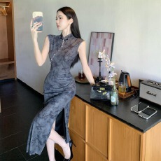 批发实拍新款新中式印花改良旗袍连衣裙修身显瘦镂空收腰长裙连衣裙