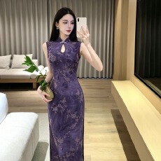 批发实拍新款<b class='q'>复古</b>改良旗袍性感镂空扎染植绒显瘦包臀连衣裙