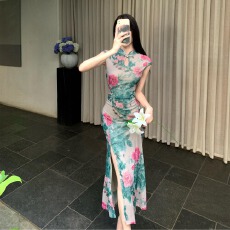 批发实拍新中式改良旗袍裙网纱印花显瘦收腰大摆裙百搭开叉连衣裙