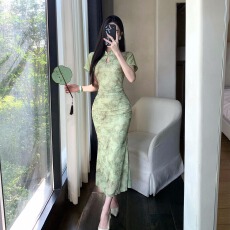 批发实拍新中式改良<b class='q'>旗袍</b>收腰显瘦修身短袖女装鱼尾裙长裙连衣裙