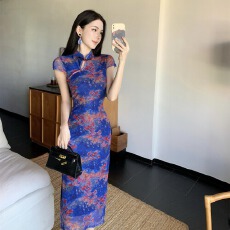 批发实拍复古新中式旗袍显瘦收腰<b class='q'>网纱</b>印花包臀裙修身<b class='q'>连衣裙</b>