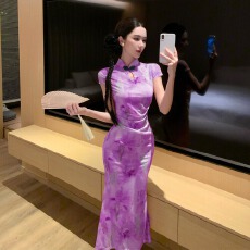 批发实拍复古新中式旗袍显瘦收腰<b class='q'>网纱</b>印花修身裙大摆裙<b class='q'>连衣裙</b>
