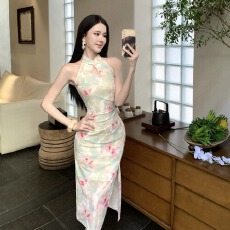 批发实拍新中式旗袍网纱印花百搭性感显瘦收腰无袖裙包臀连衣裙