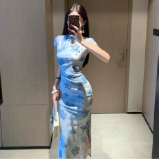 批发实拍新中式旗袍显瘦收腰网纱印花包臀裙百搭旗袍连衣裙