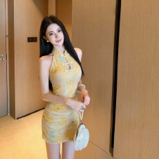 批发实拍新中式性感无袖网纱印花短款旗袍显瘦包臀连衣裙女