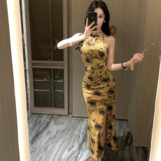 批发实拍复古新中式旗袍丝绒印花无袖显瘦长裙性感大摆百搭连衣裙