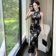 批发实拍复古新中式旗袍丝绒印花无袖百搭长裙收腰性感开叉连衣裙