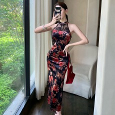 批发实拍新中式百搭性感无袖<b class='q'>丝绒</b>印花拼蕾丝收腰显瘦<b class='q'>连衣裙</b>子旗袍