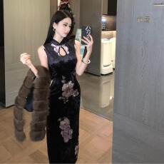 批发实拍新中式性感无袖旗袍金<b class='q'>丝绒</b>印花收腰百搭开叉包臀<b class='q'>连衣裙</b>子