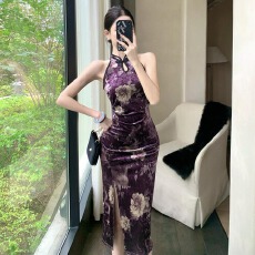 批发实拍新中式无袖旗袍丝绒印花显瘦修身性感收腰包臀裙连衣裙