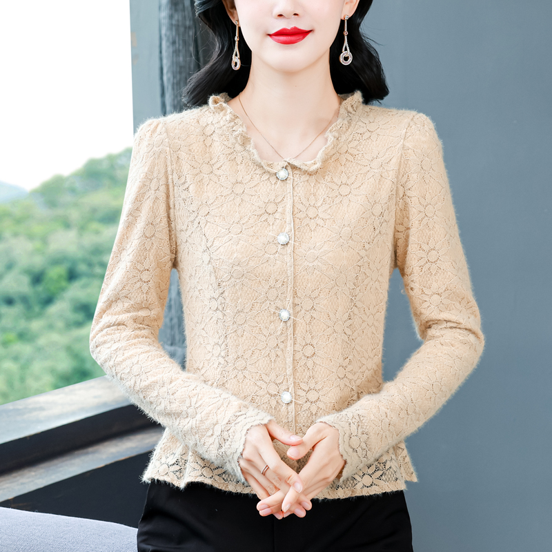 깃털 실 긴팔 얇은 스타일 레이스 외국 가스 새로운 라운드 넥 패션 몸매 가꾸기 슬림해 보이는 달콤함 연령 감소 맨위