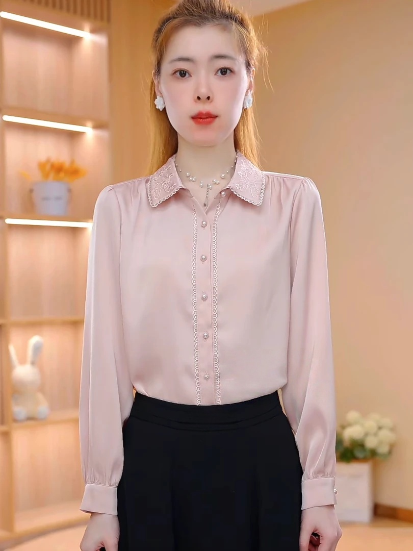 이른 봄 새로운 폴로 칼라 자수 단색 외국 가스 패션 다용도 여성 셔츠