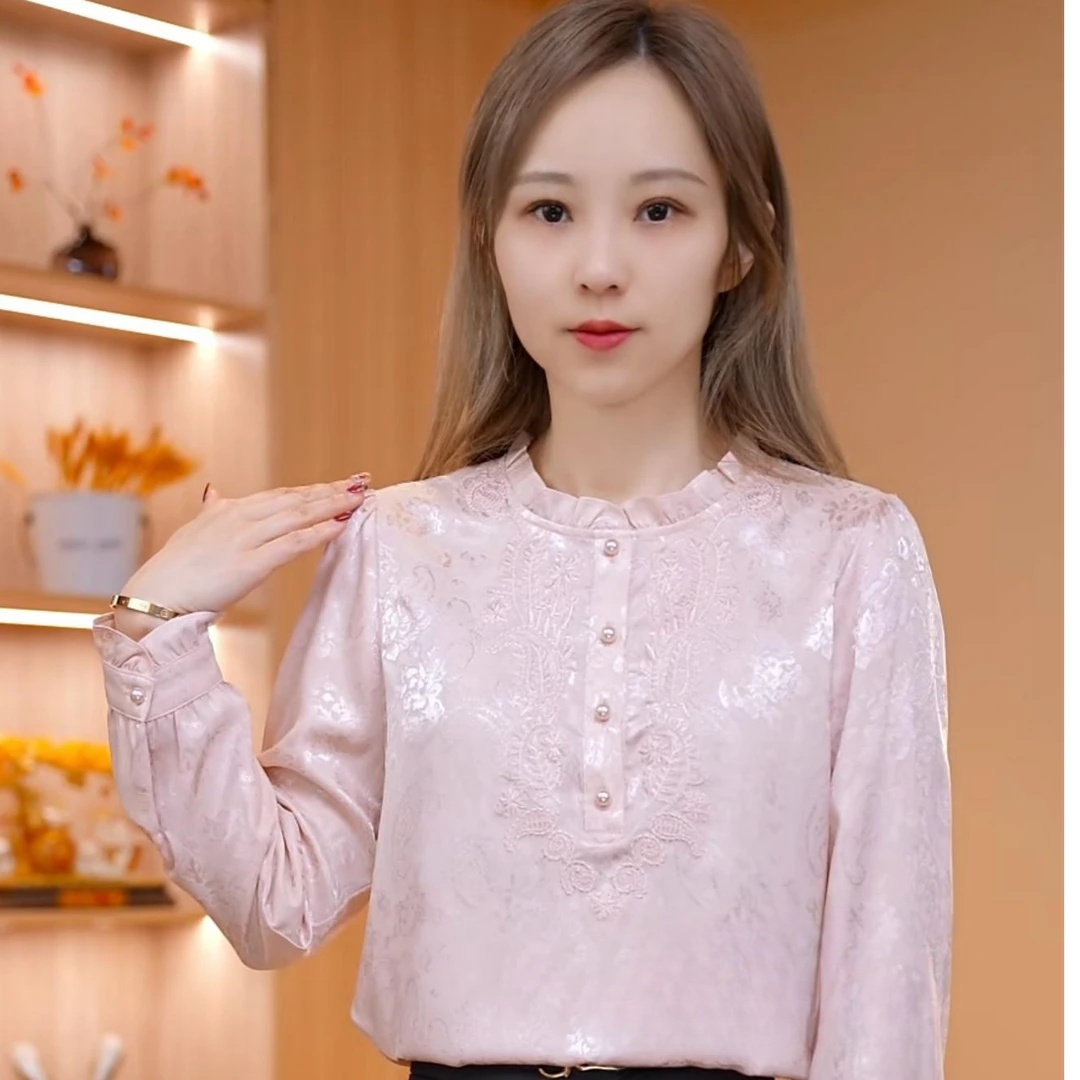 이른 봄 새로운 곰팡이 고리 자수 단색 외국 가스 패션 다용도 여성 셔츠