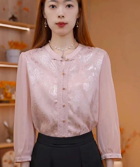 이른 봄 새로운 라운드 넥 자카드 단색 외국 가스 패션 다용도 여성 셔츠