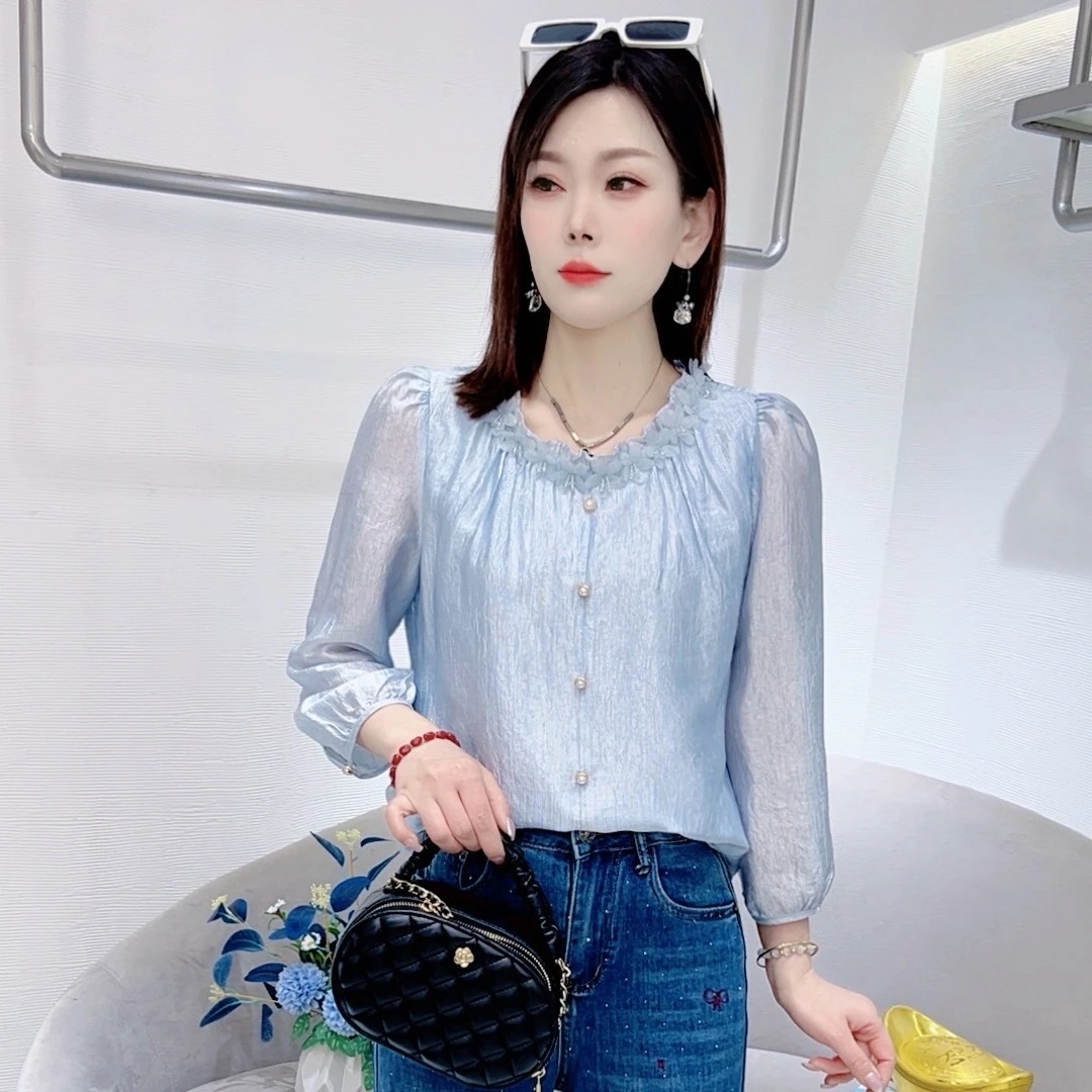 봄 새로운 레이스 레이스 라운드 넥 블라우스 패션 연령 감소 긴팔 슬림해 보이는 다용도 맨위