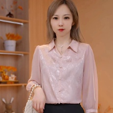 批发早春新款翻领花边纯色百搭衬衫女