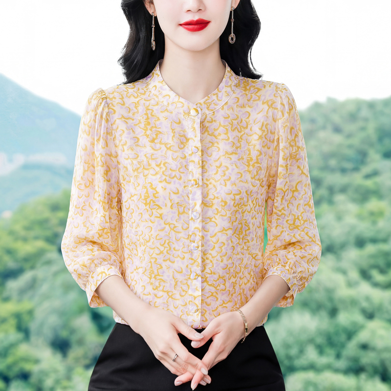 여름 새로운 라운드 넥 꽃무늬 맨위 슬림해 보이는 외국 가스 패션 다용도 여성 셔츠