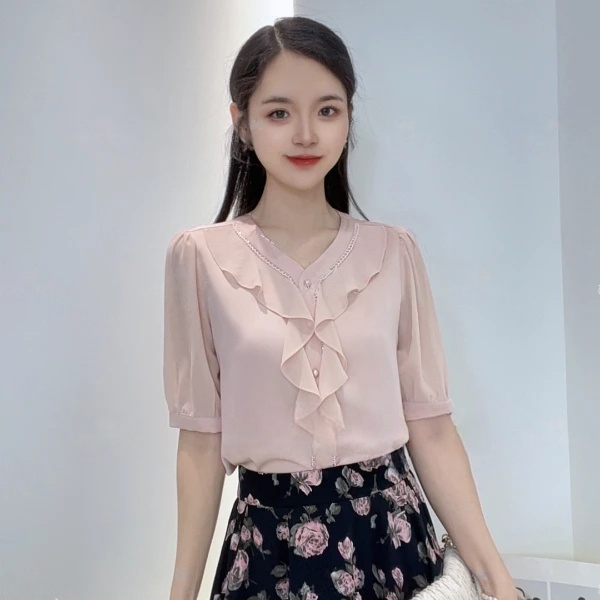 여름 새로운 프릴 레이스 V넥 단색 맨위 슬림해 보이는 다용도 반팔 여성 셔츠