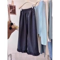 批发春夏高腰藏蓝色花边休闲阔腿裤女设计感小众波点百搭超好看长裤子