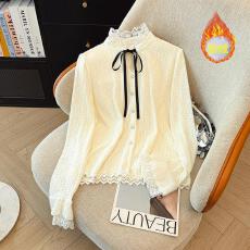 批发Q女家 缪斯奶酥/千金风法式气质<b class='q'>衬衫</b>女秋季2025蕾丝磨毛内搭上衣