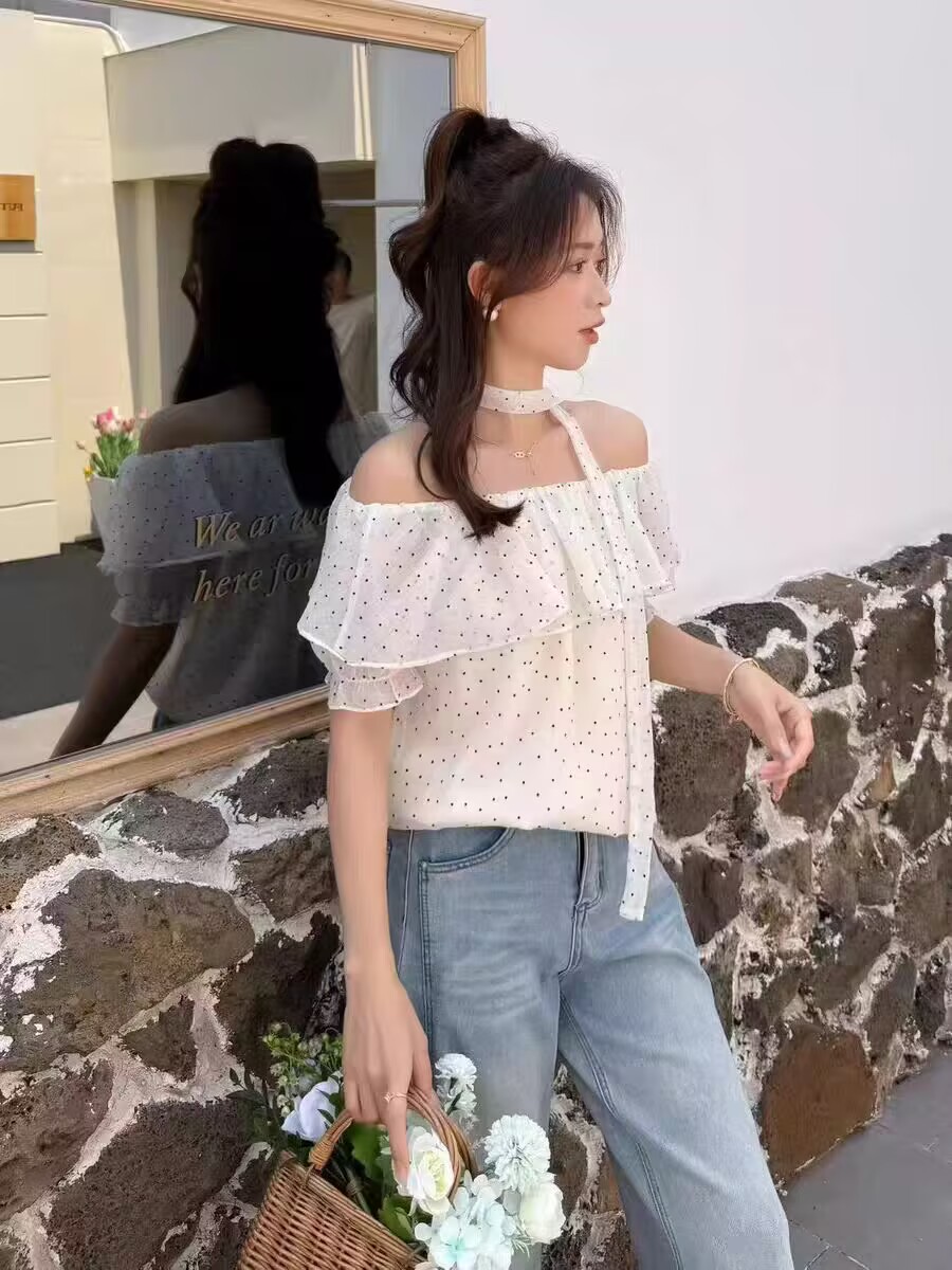 작은 요정 품격 순수한 욕망 바람 프릴 오프숄더 도트 무늬 반팔 맨위 여성 여름 새로운 디자인 센스 쉬폰 블라우스