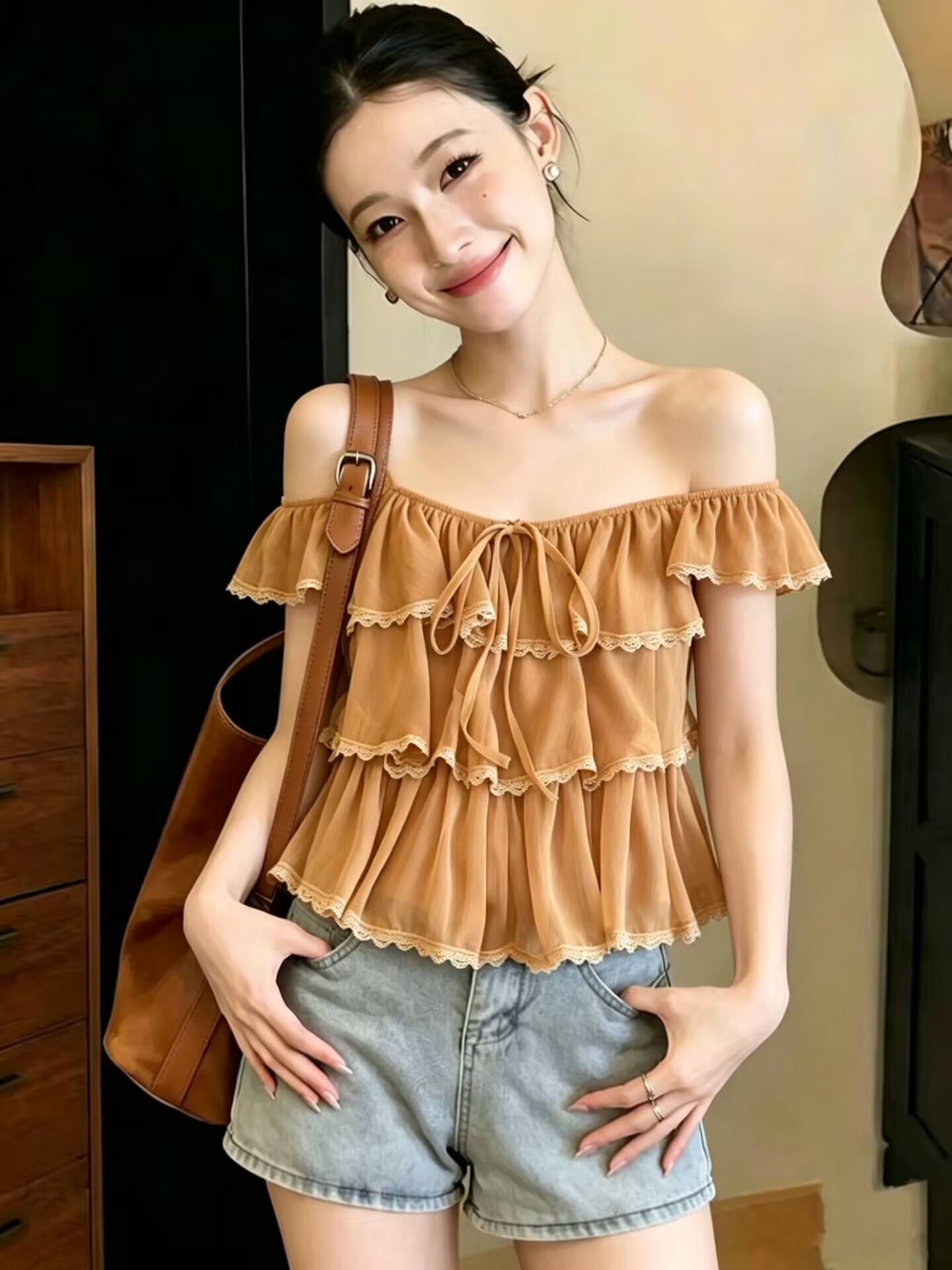 한 부서 달콤함 작은 날다 소매 레이스 프릴 여성 셔츠 2026 여름 새로운 루즈핏 슬림해 보이는 연령 감소 맨위 트렌디