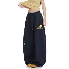 批发美式字母<b class='q'>印花</b>蓝色运动卫裤女宽松垂感显瘦跳舞阔腿直筒休闲裤