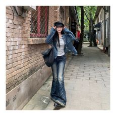 批发原版牛仔面料 高质量 外套女秋季短款小众<b class='q'>设计</b>感立领蓝色夹克上衣