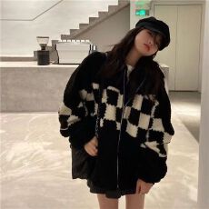 批发情侣装2025冬季棉衣羊羔毛外套棋盘格温柔风外套棉服