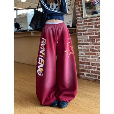 批发美式复古字母<b class='q'>印花</b>低腰阔腿裤女街头风宽松休闲抽绳长裤潮