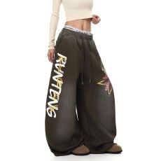 批发渐变<b class='q'>印花</b> 美式星星字母<b class='q'>印花</b>渐变水洗弯刀卫裤男女潮牌宽松阔腿裤