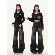 批发美式复古水洗闪电纹微喇牛仔裤男女款<b class='q'>秋</b>季百搭直筒显高阔腿微喇裤