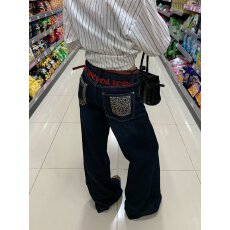 批发美式复古字母刺绣豹纹拼接阔腿牛仔裤cleanfit<b class='q'>男</b>女宽松直筒长<b class='q'>裤子</b>