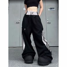 好质量 原版起版 加绒 假两件条纹拼接弯刀裤女加绒双腰头阔腿裤