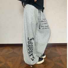 批发大码<b class='q'>女</b><b class='q'>装</b>美式复古格纹拼接休闲裤<b class='q'>女</b>街头字母印花宽松运动阔腿卫裤